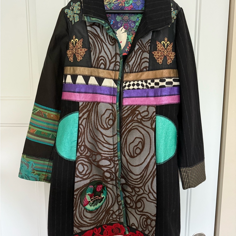 Desigual Black and Purple Artistic Trench Coat